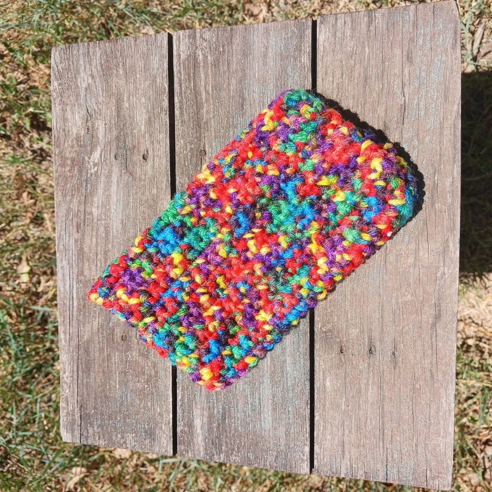 Handknit Crocheted RAINBOW Small organizer make up Bag Boho Hippie Cute Vintage